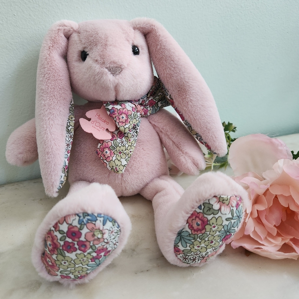 Histoire D'Ours Rabbit Bunny Pink Plush Paris France 10" Floral‎ Print Baby Toy